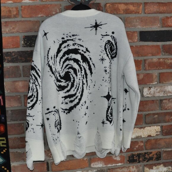 Aelfric Eden Starry Night Jacquard Knit Sweater White Black Distressed Unisex XL - Picture 4 of 5